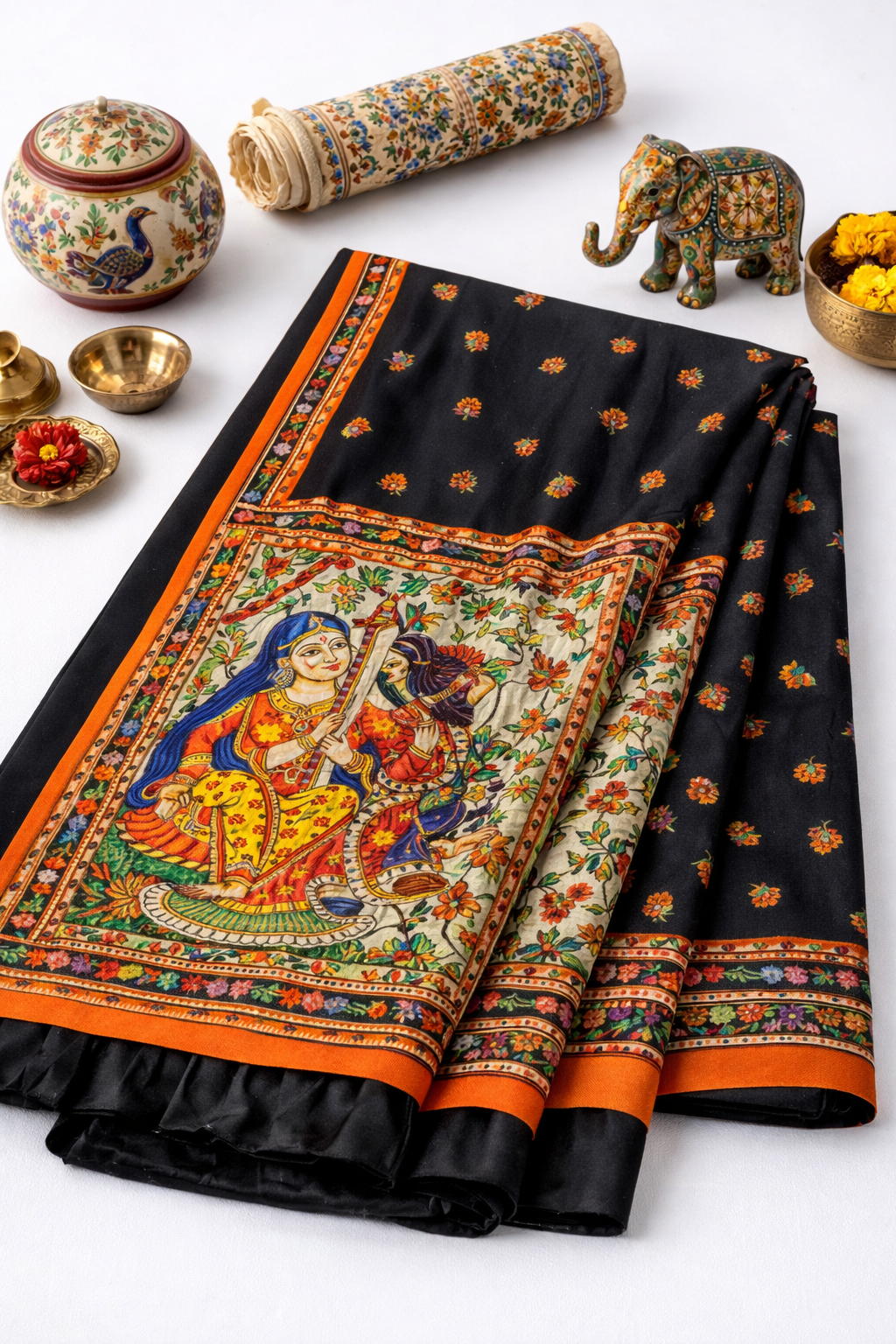 Black Madhubani Peacock Motif Saree with Ethnic Pallu