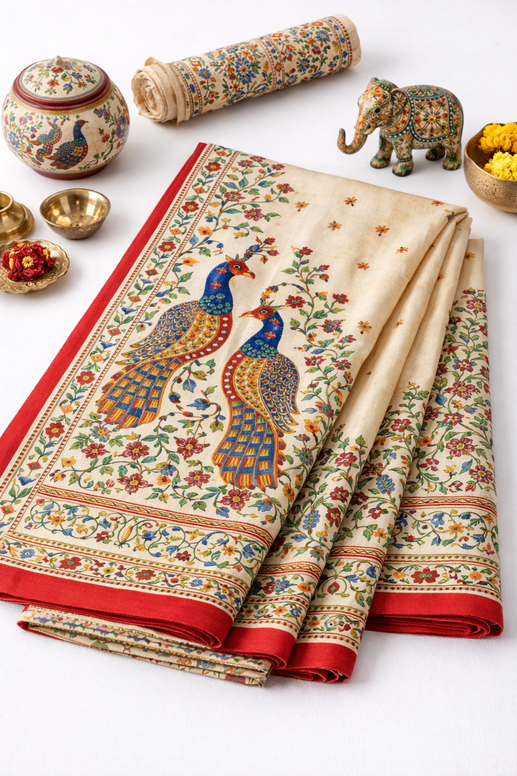 Beige Madhubani Floral Peacock Saree with Red Accents