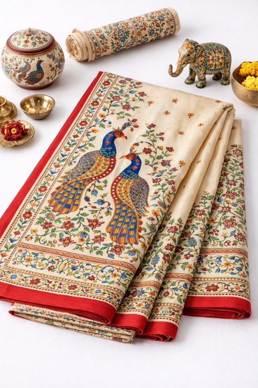 Beige Madhubani Floral Peacock Saree with Red Accents