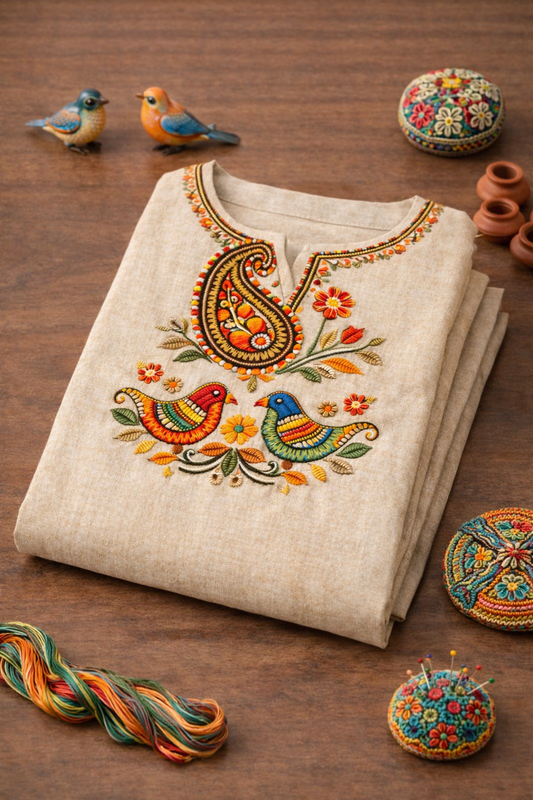 Beige Bird Motif Kurti Fabric