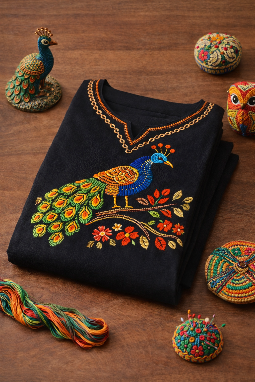 Black Peacock Motif Kurti Fabric