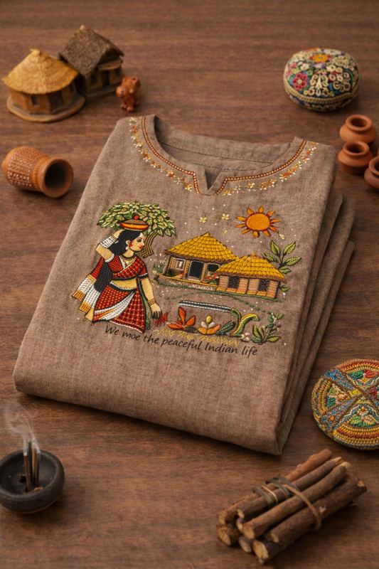 Brown Folk Art Kurti Fabric