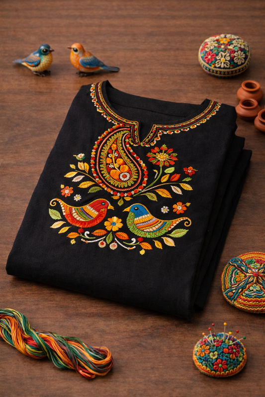 Black Floral Bird Kurti Fabric