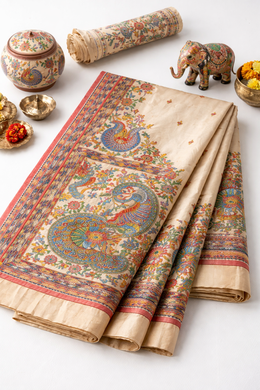 Ivory Madhubani Peacock Art Saree with Red Border