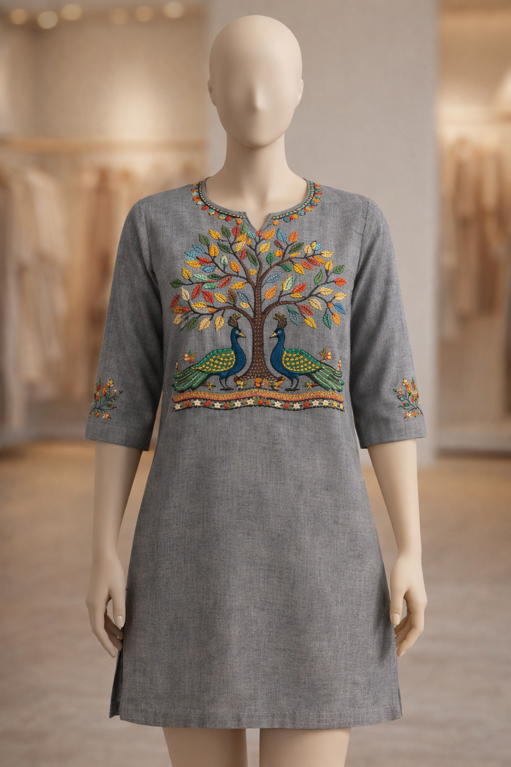 Grey Tree of Life Kurti Fabric