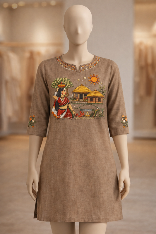 Brown Folk Art Kurti Fabric