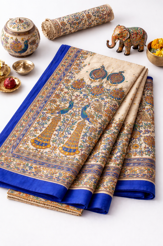 Cream & Blue Mithila Peacock Art Saree