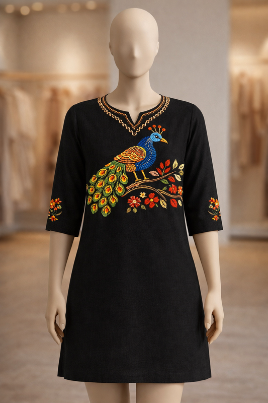 Black Peacock Motif Kurti Fabric