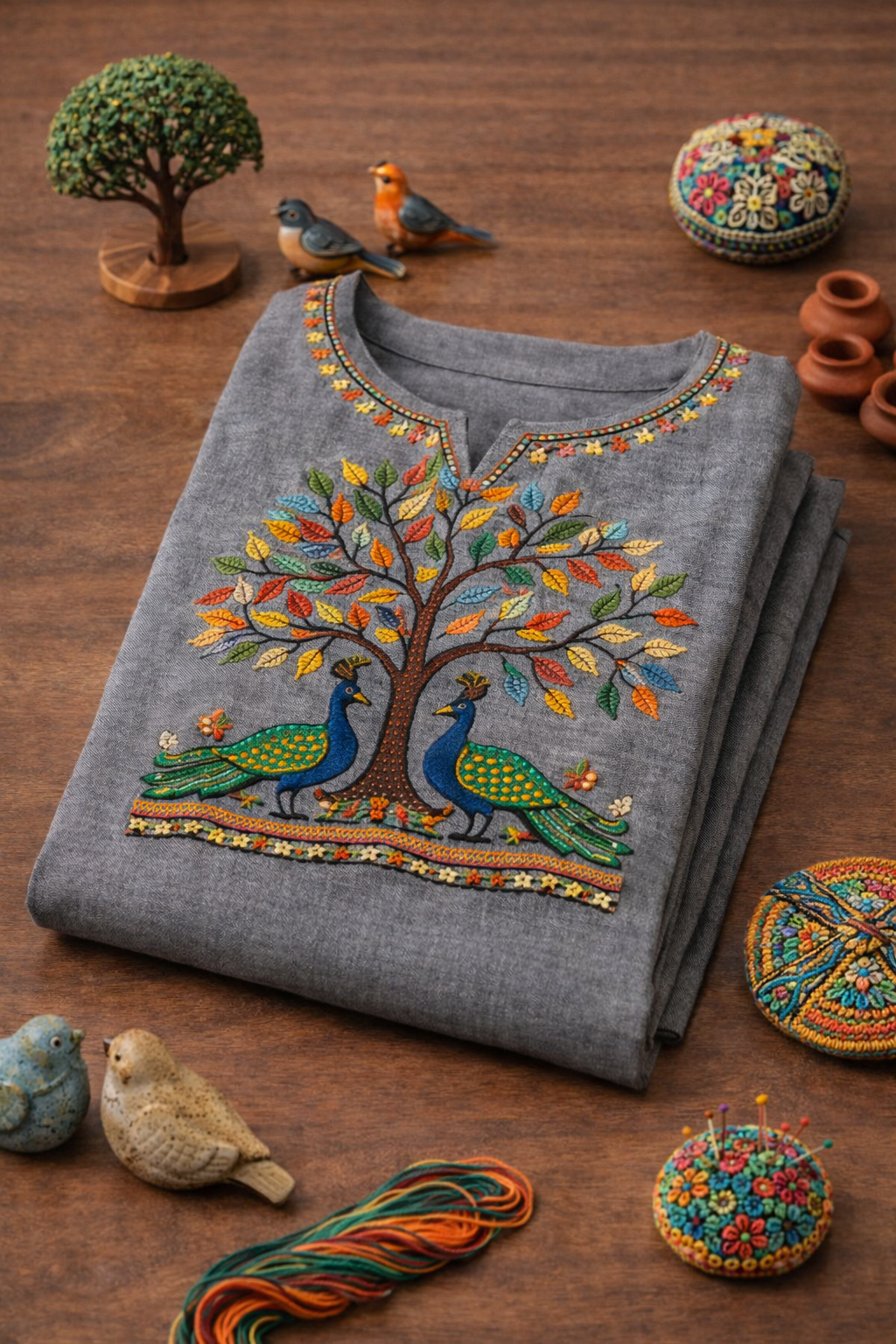 Grey Tree of Life Kurti Fabric