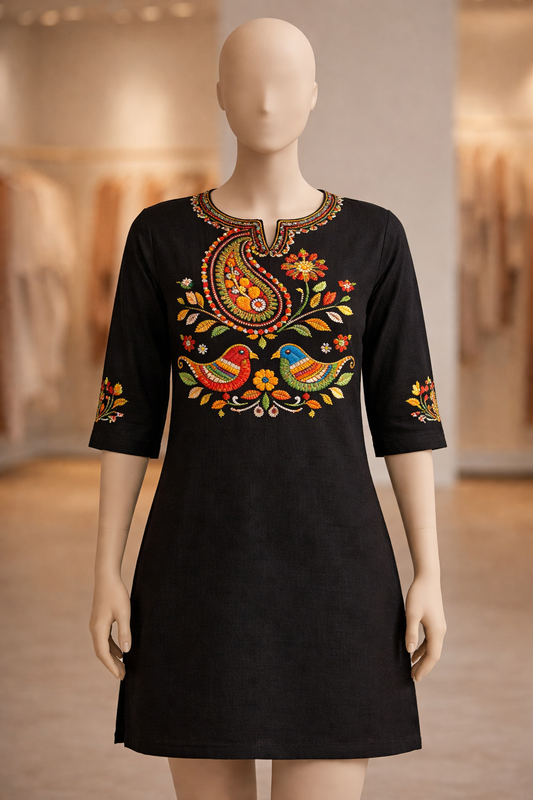 Black Floral Bird Kurti Fabric