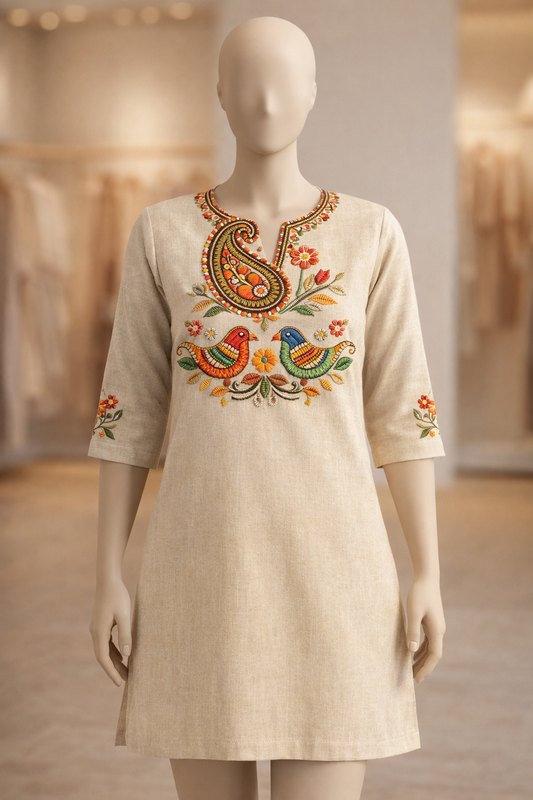 Beige Bird Motif Kurti Fabric