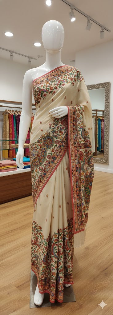 Ivory Madhubani Peacock Art Saree with Red Border