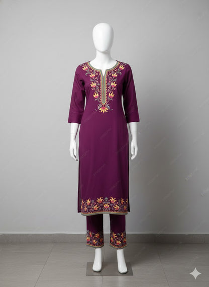 Floral Gala Neckline Embroidery Pattern – Kashida Style Suit Piece