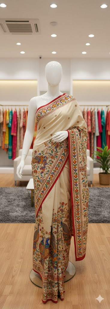 Beige Madhubani Floral Peacock Saree with Red Accents
