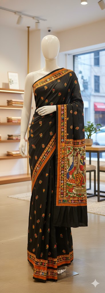 Black Madhubani Peacock Motif Saree with Ethnic Pallu